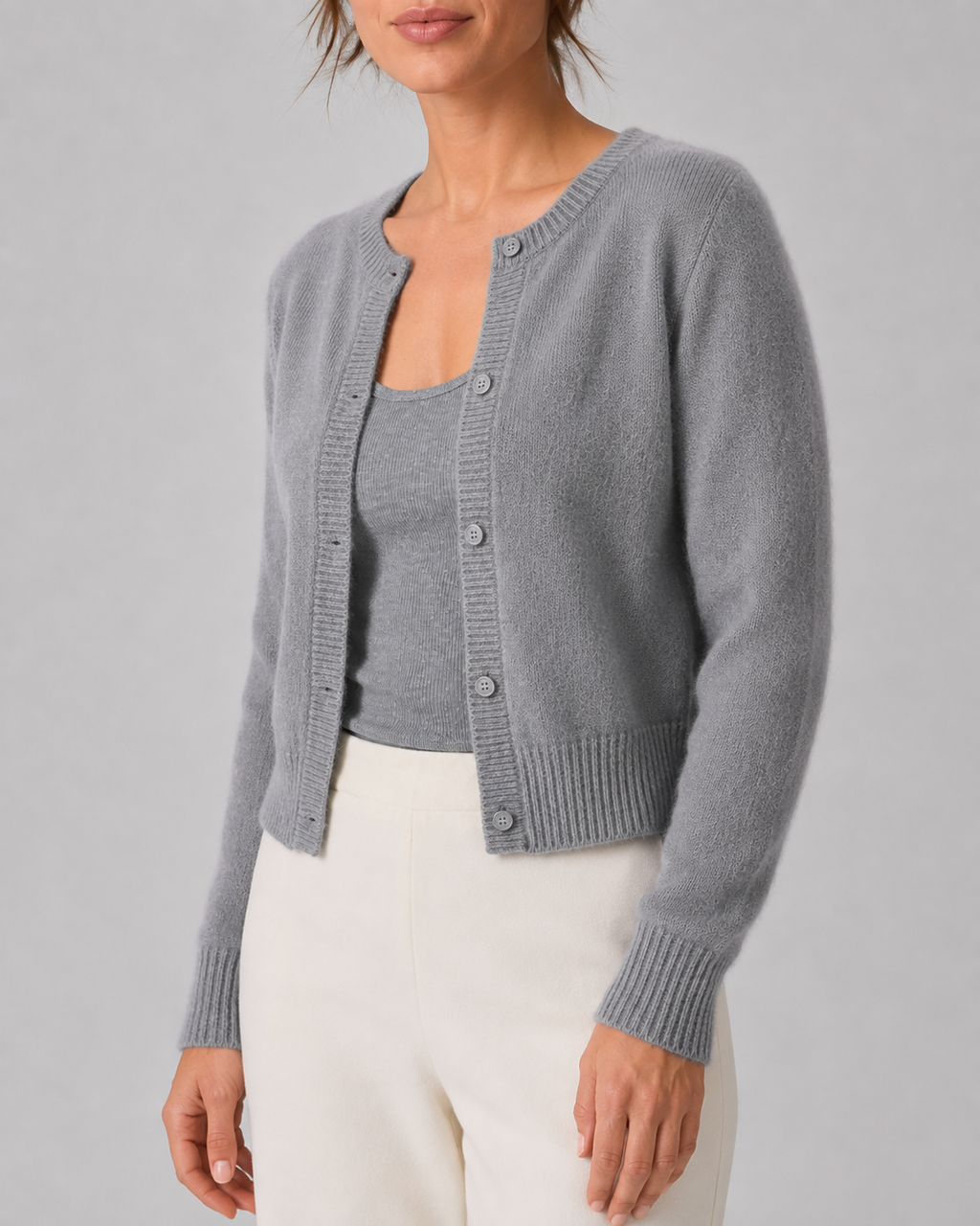 Women's Cropped Knit Cardigan | Round Neck Button Front