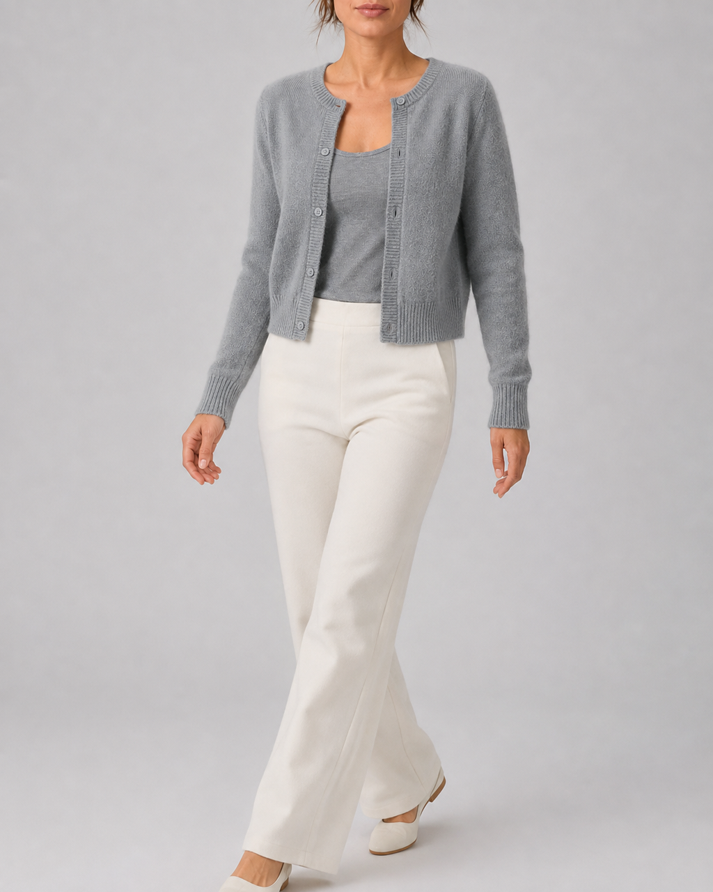 Women's Cropped Knit Cardigan | Round Neck Button Front