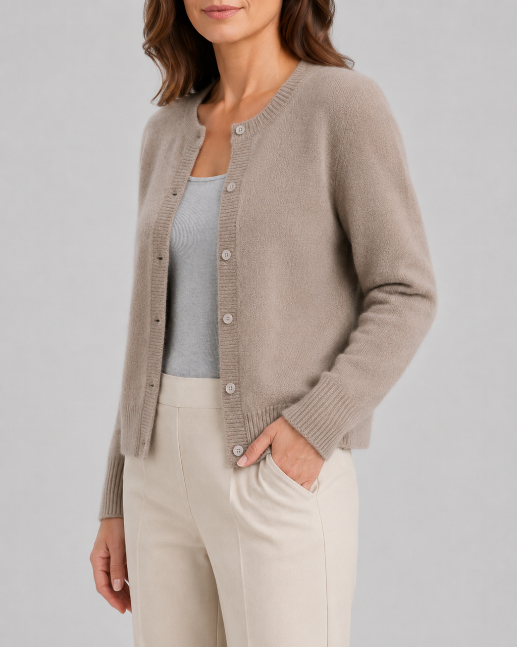 Women's Cropped Knit Cardigan | Round Neck Button Front