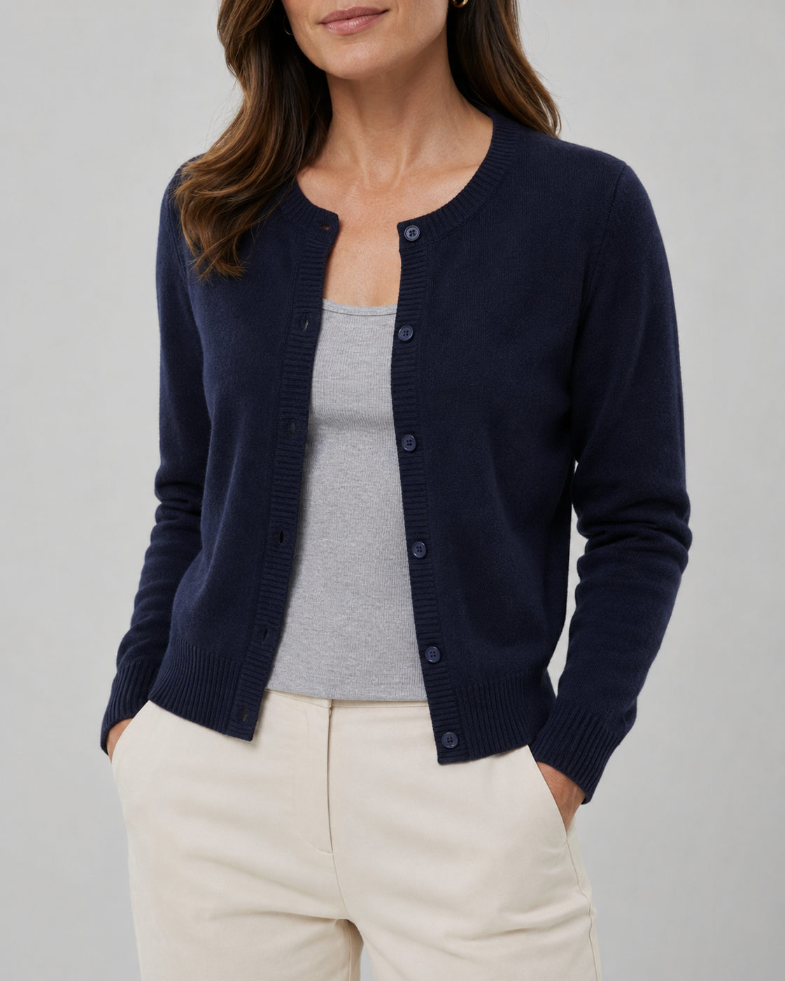 Women's Cropped Knit Cardigan | Round Neck Button Front