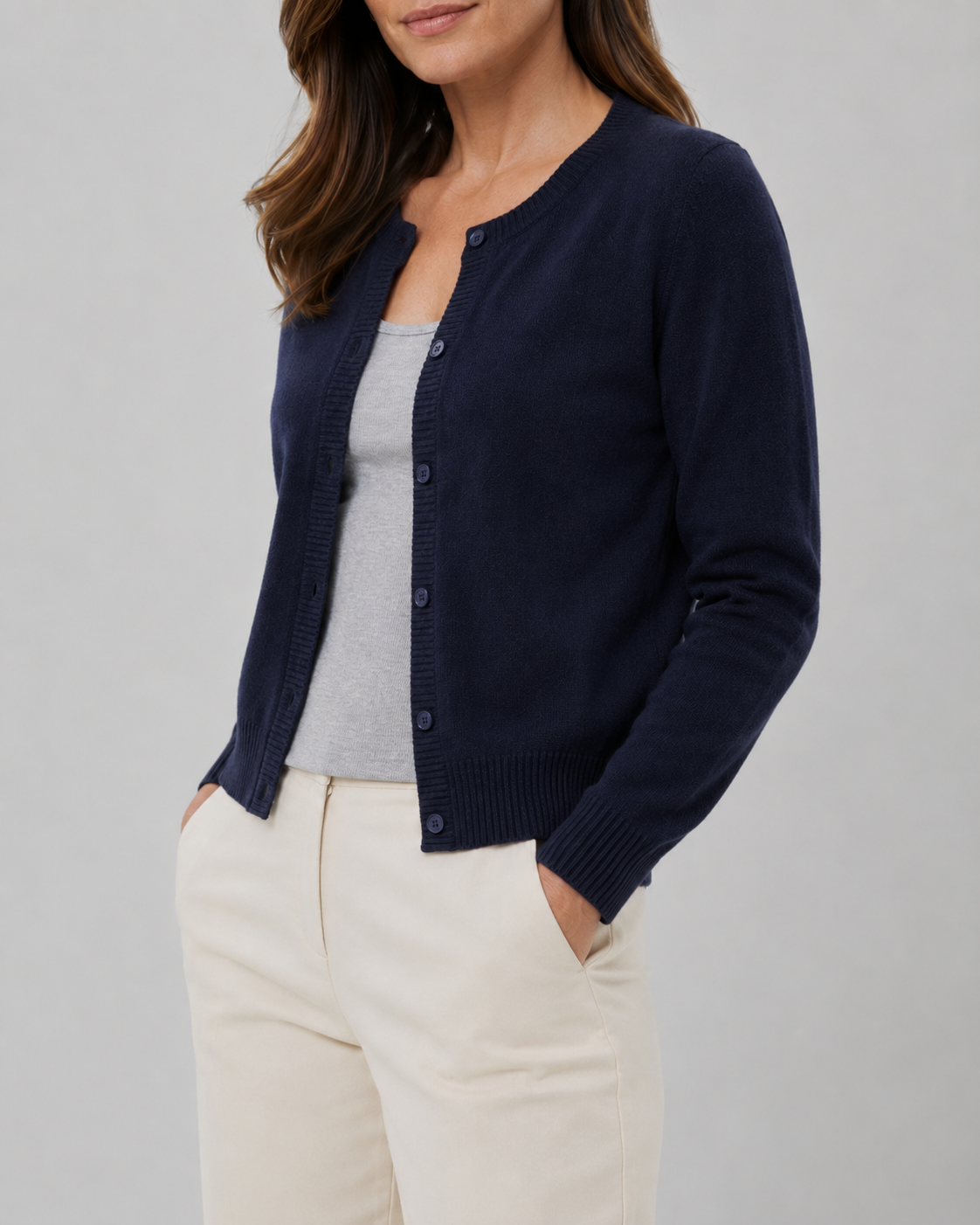 Women's Cropped Knit Cardigan | Round Neck Button Front