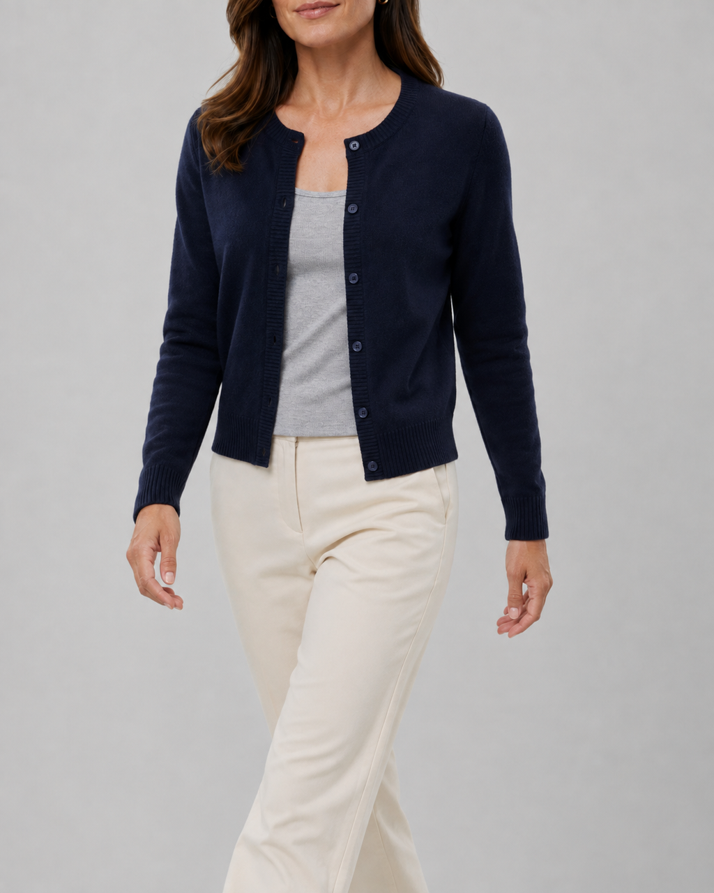 Women's Cropped Knit Cardigan | Round Neck Button Front