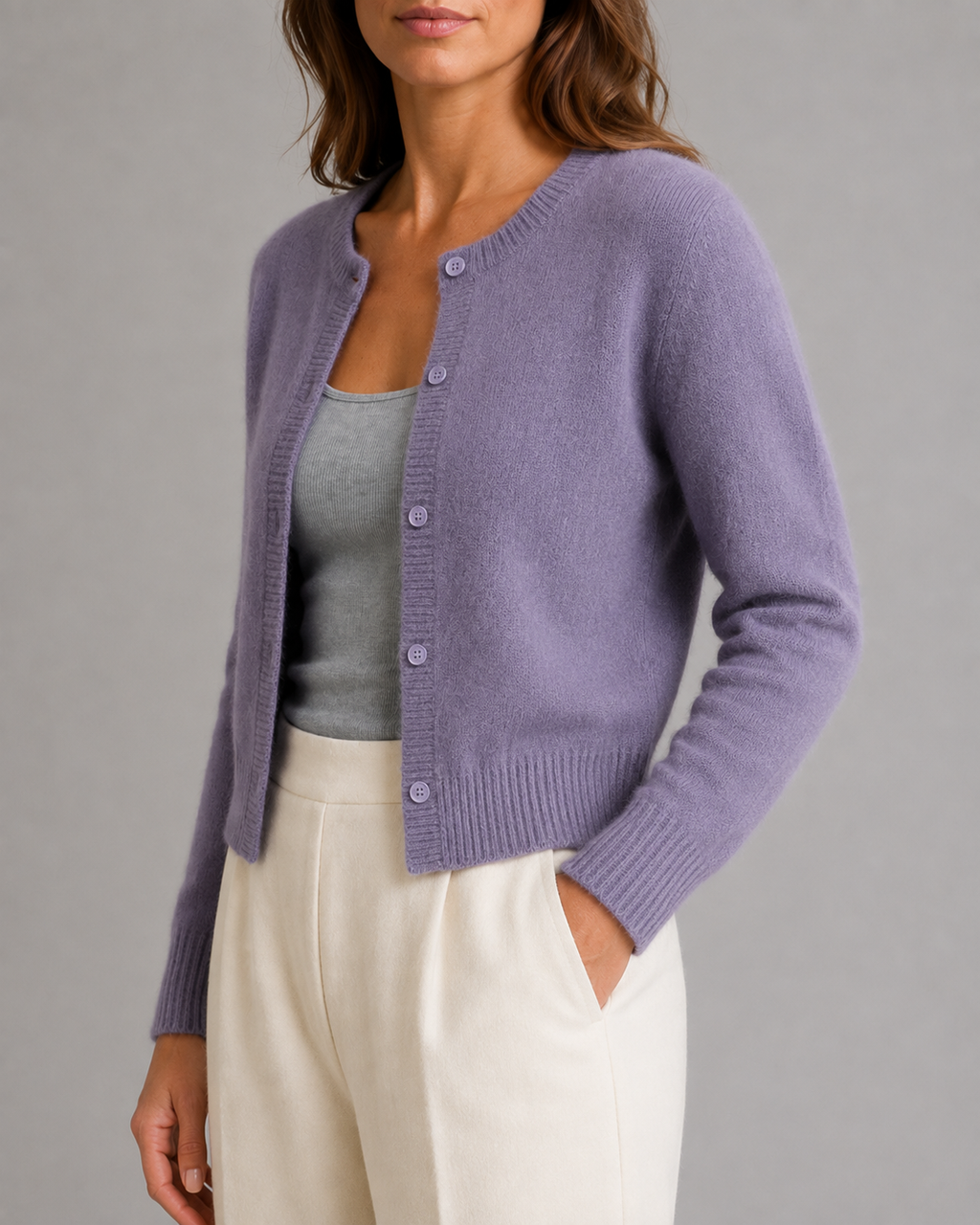 Women's Cropped Knit Cardigan | Round Neck Button Front