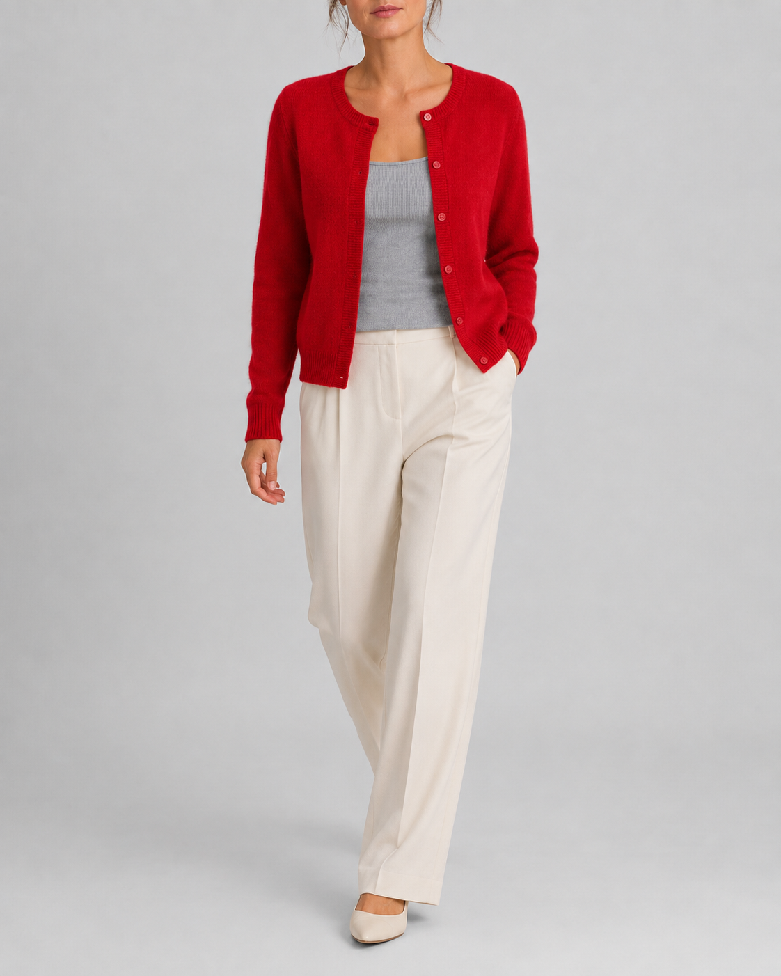 Women's Cropped Knit Cardigan | Round Neck Button Front