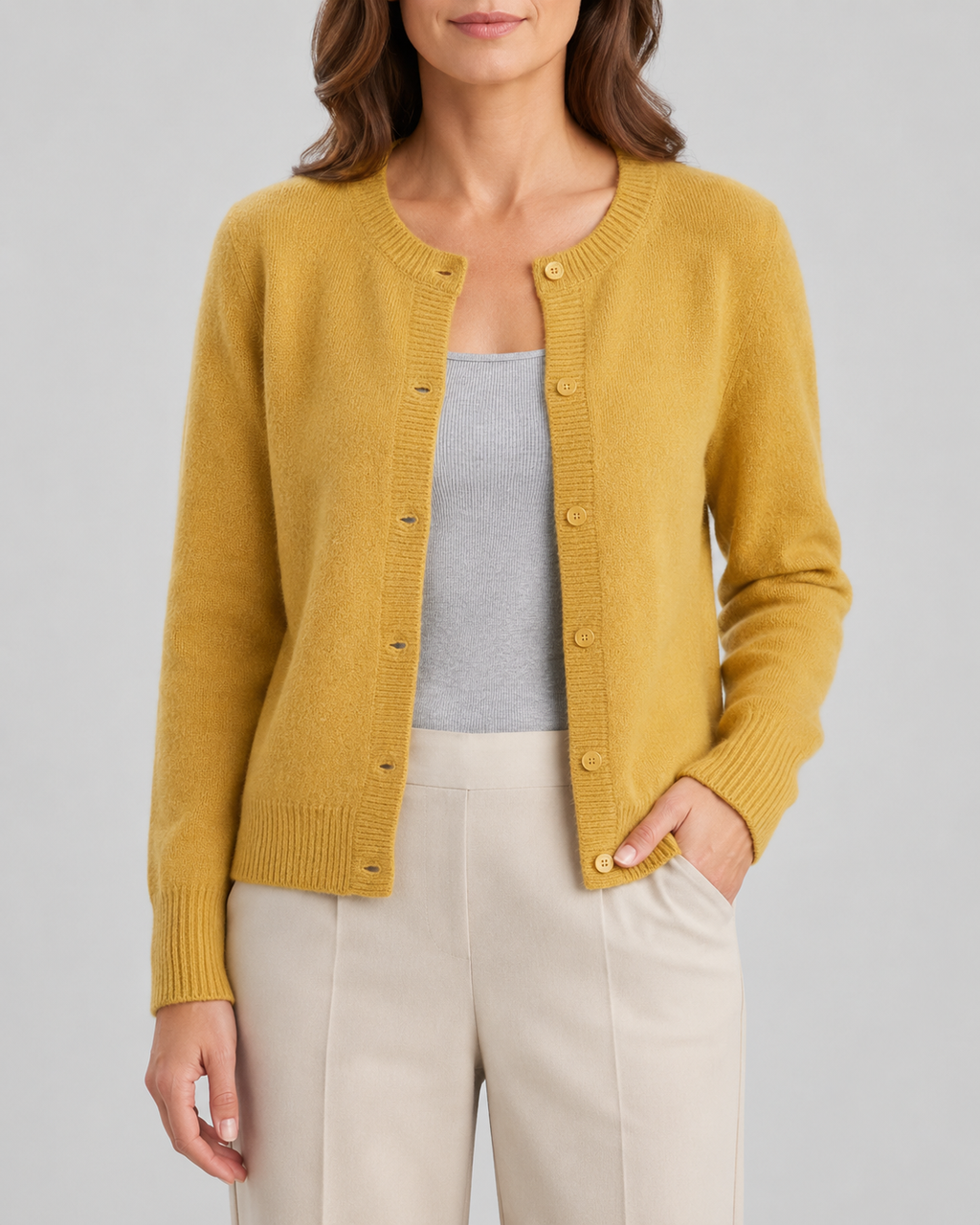 Women's Cropped Knit Cardigan | Round Neck Button Front