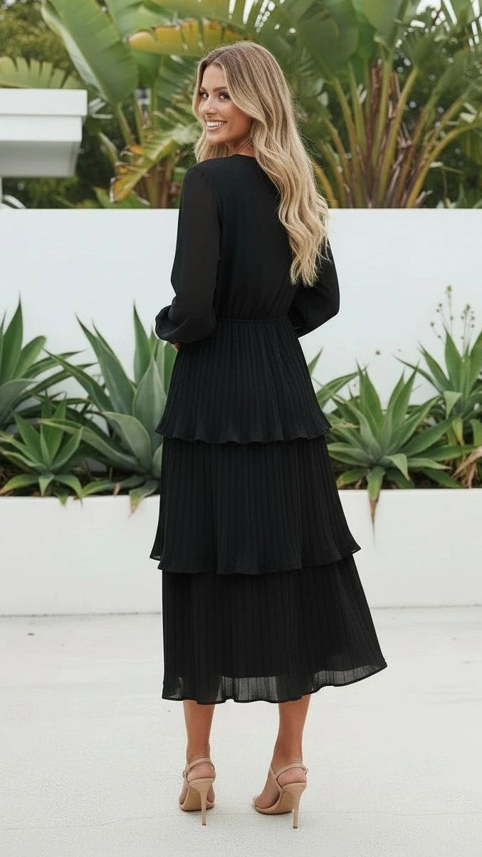 Women's Round Neck Long Sleeve Tiered Ruffle Midi Dress