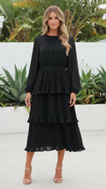 Women's Round Neck Long Sleeve Tiered Ruffle Midi Dress