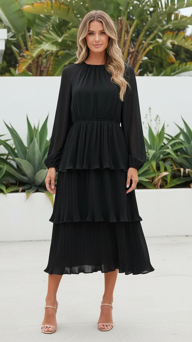 Women's Round Neck Long Sleeve Tiered Ruffle Midi Dress