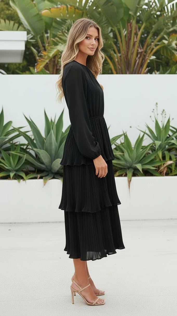 Women's Round Neck Long Sleeve Tiered Ruffle Midi Dress