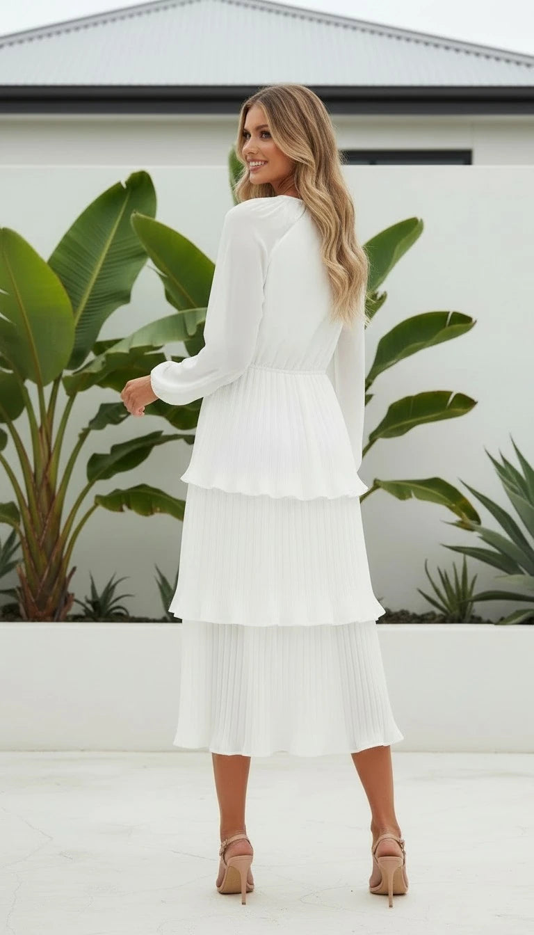 Women's Round Neck Long Sleeve Tiered Ruffle Midi Dress