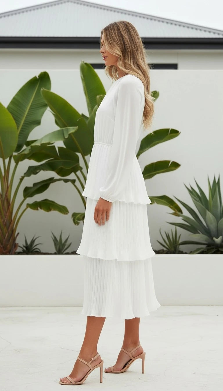 Women's Round Neck Long Sleeve Tiered Ruffle Midi Dress