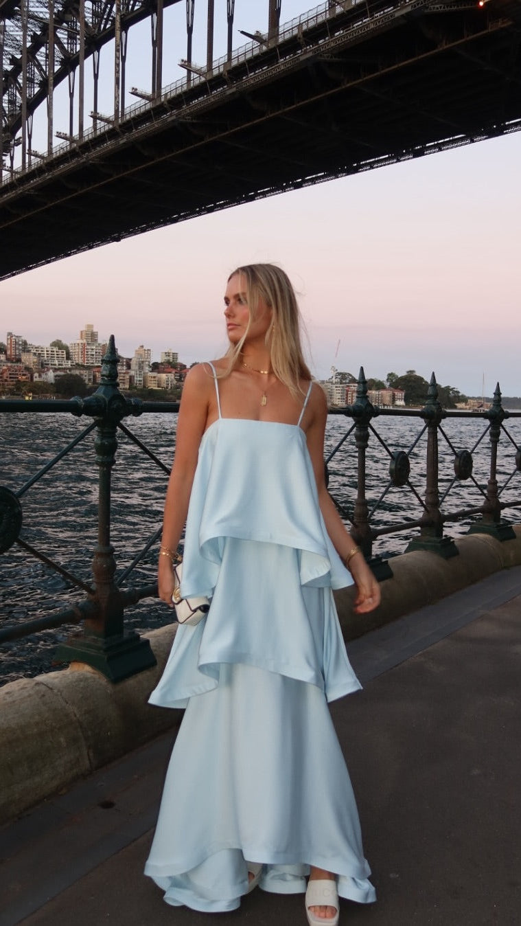 Women's Satin Maxi Dress | Ruffle Tiered Wedding Guest Dress