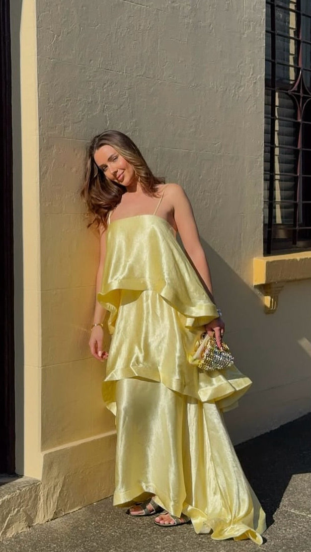 Women's Satin Maxi Dress | Ruffle Tiered Wedding Guest Dress