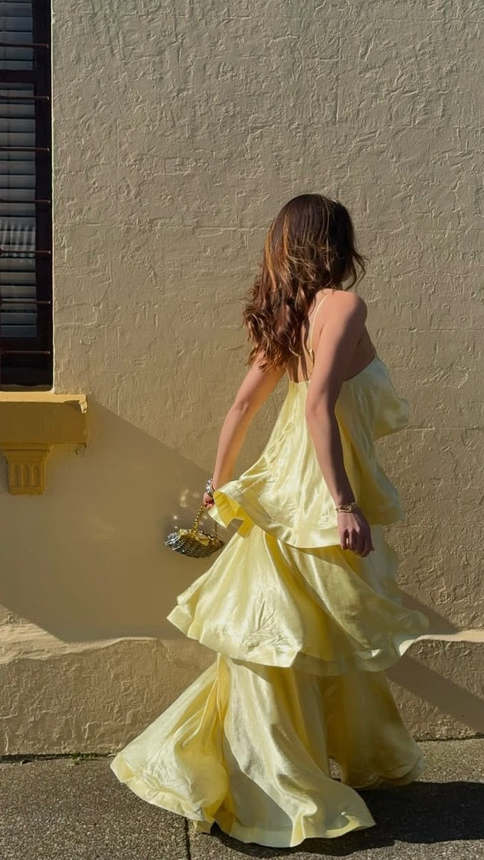 Women's Satin Maxi Dress | Ruffle Tiered Wedding Guest Dress