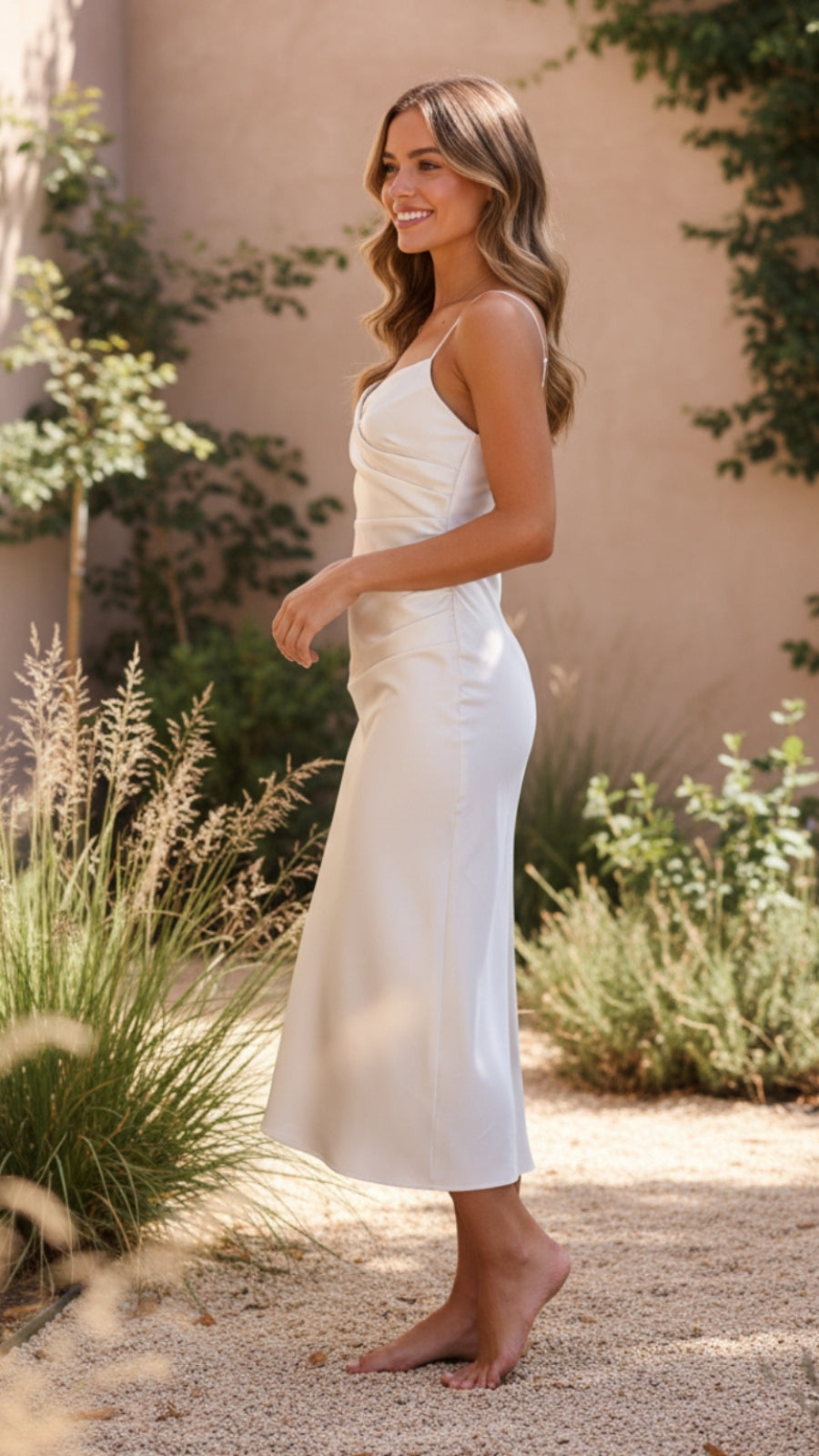 Sleeveless Cowl Neck Ruched Midi Dress