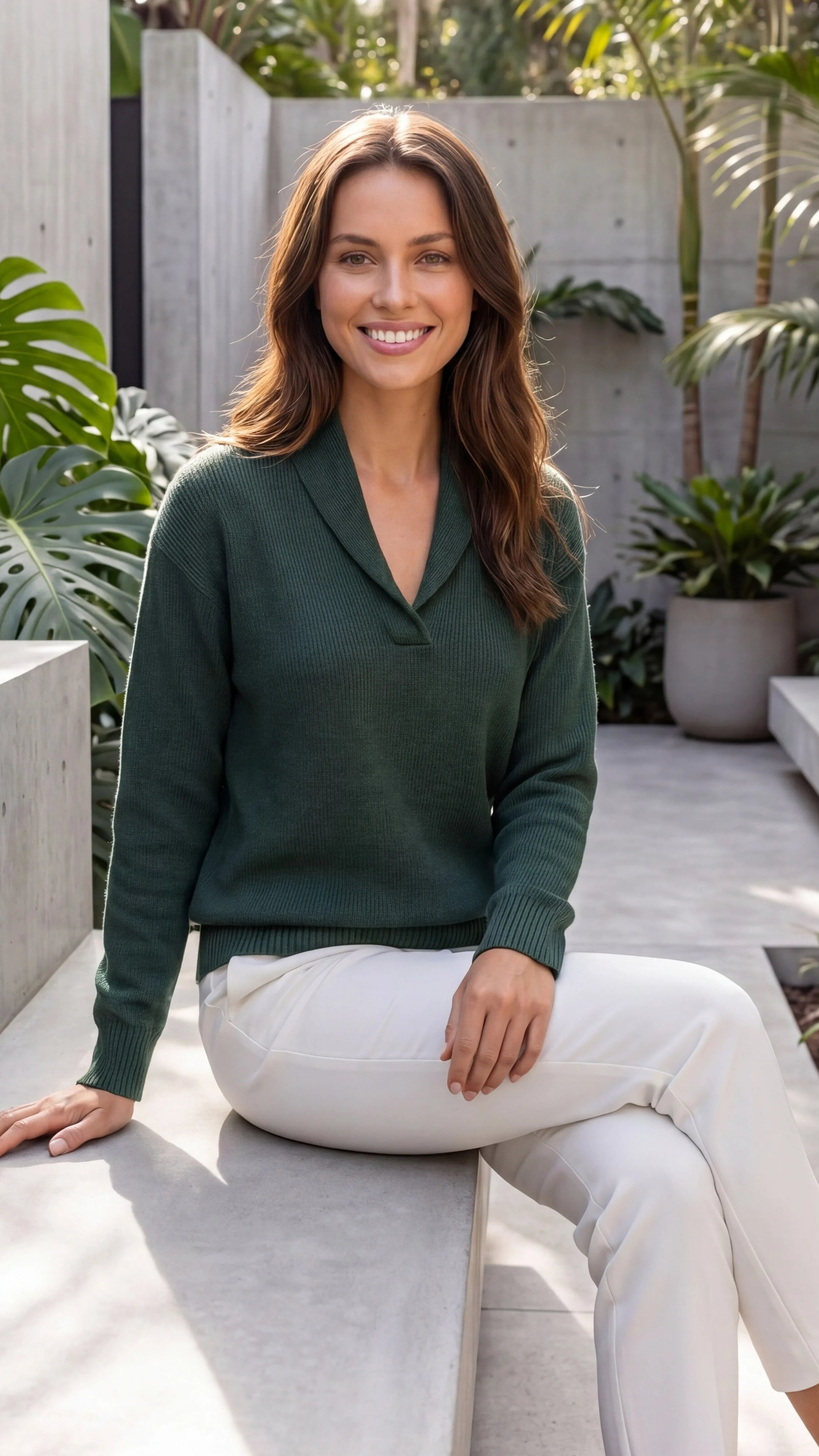 Women's Shawl Collar Long Sleeve V Neck Knit Jumper