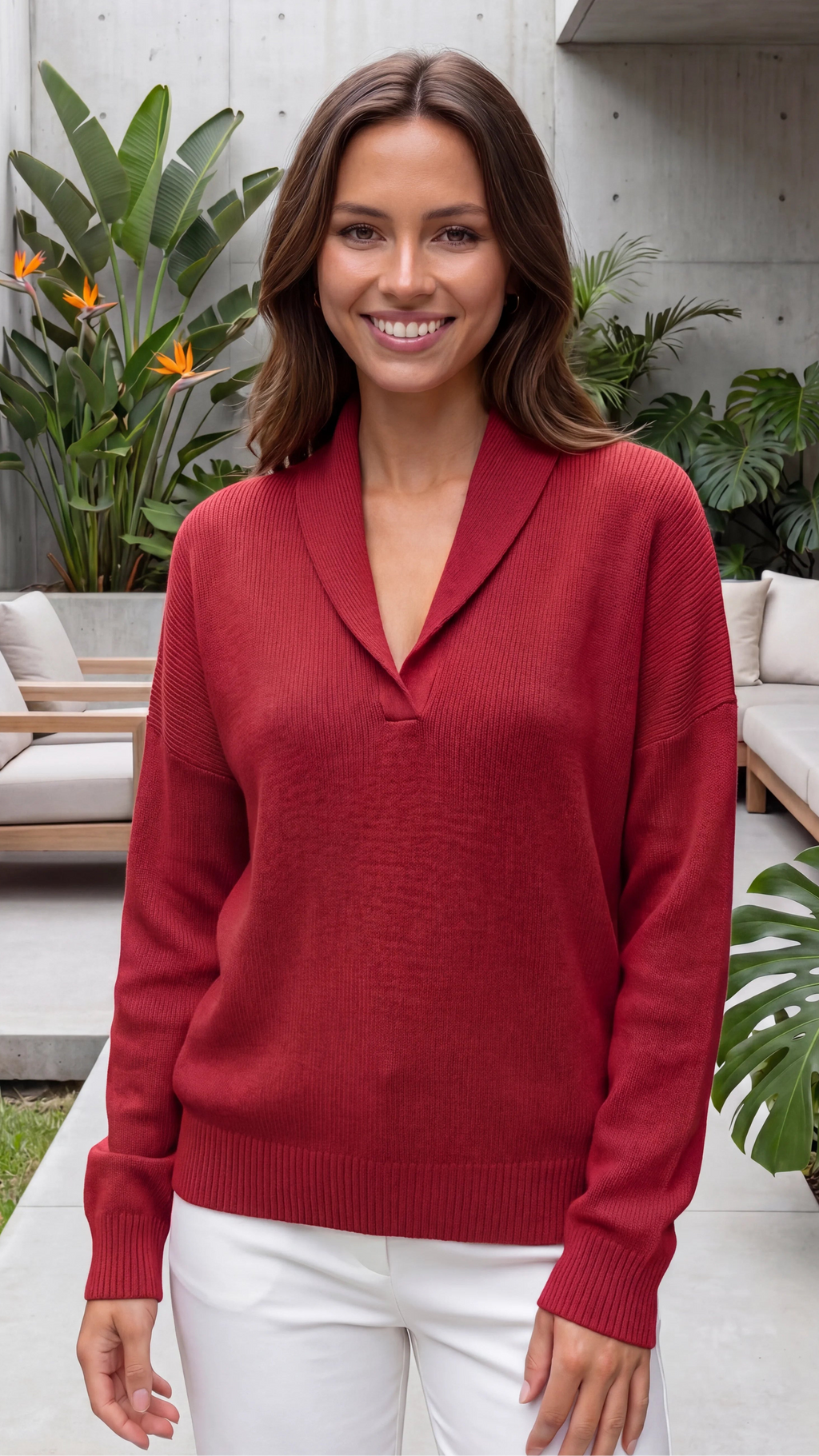 Women's Shawl Collar Long Sleeve V Neck Knit Jumper