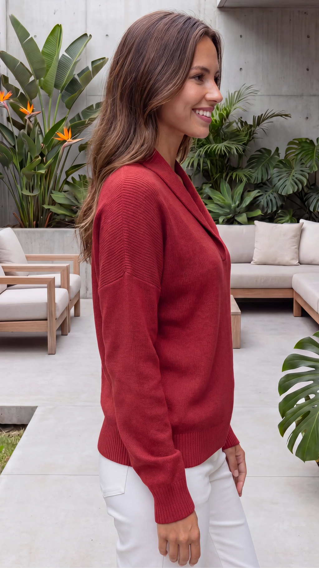 Women's Shawl Collar Long Sleeve V Neck Knit Jumper