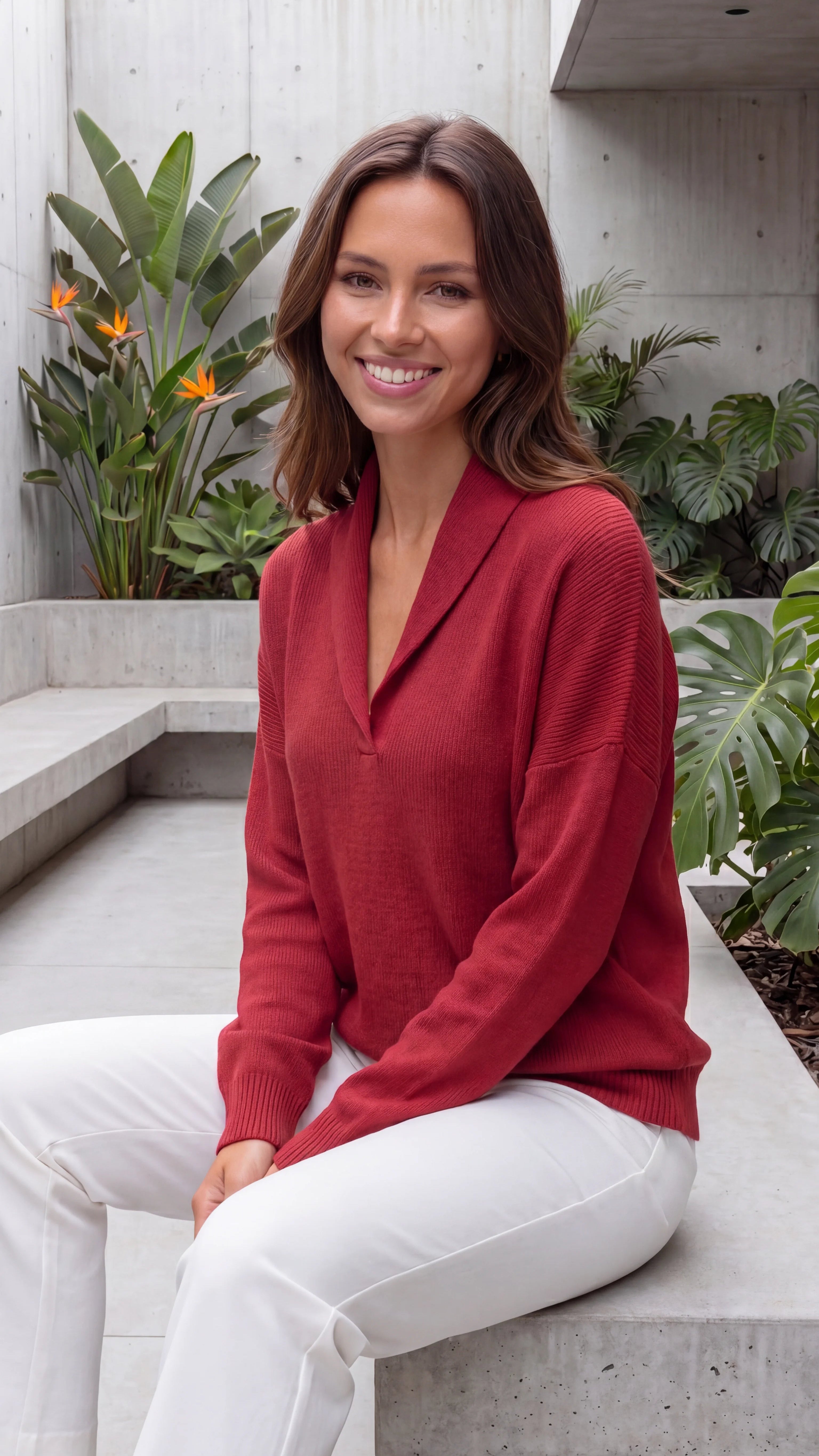 Women's Shawl Collar Long Sleeve V Neck Knit Jumper