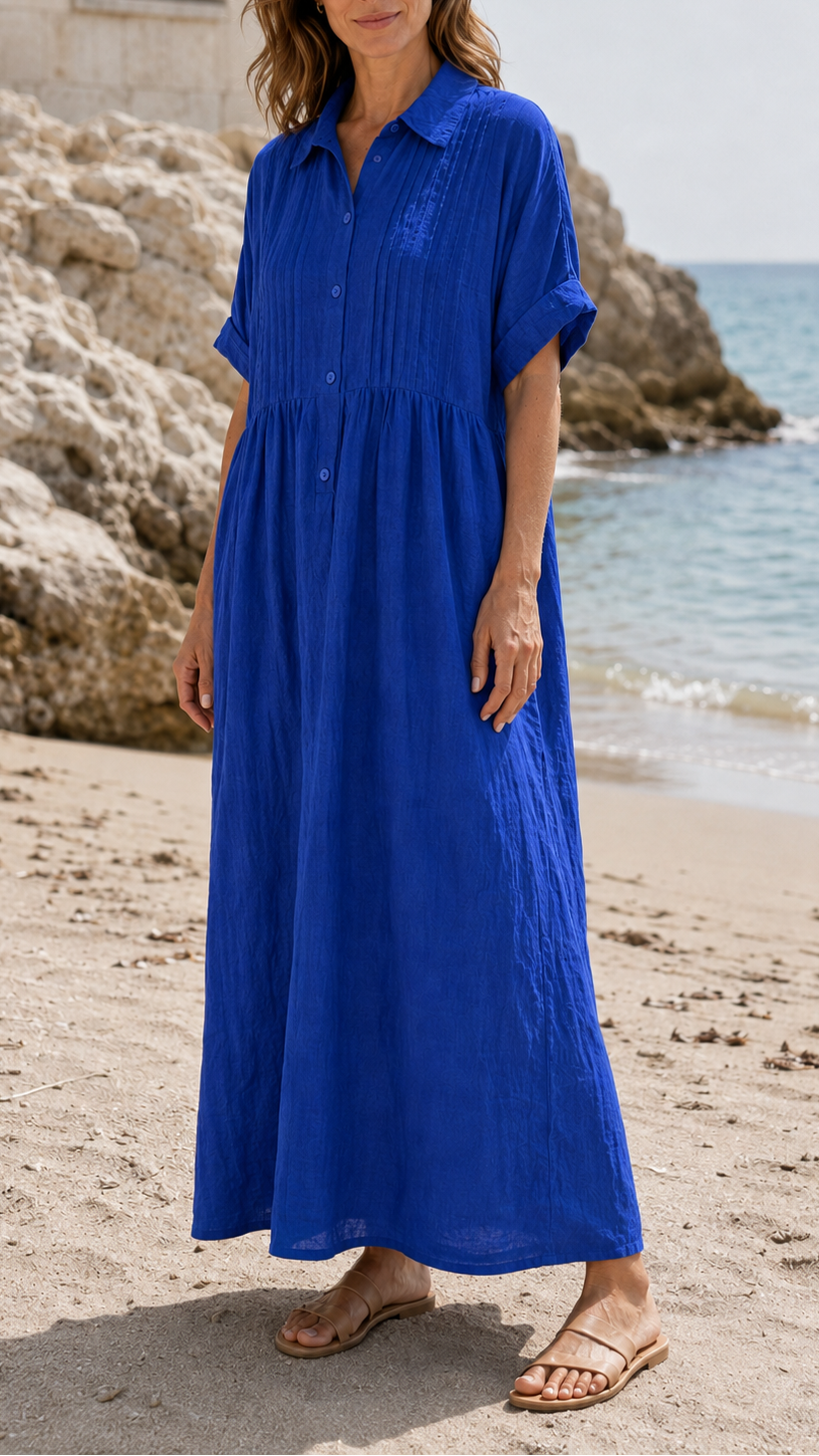 Women's Short Sleeve Button Front Shirt Maxi Beach Dress