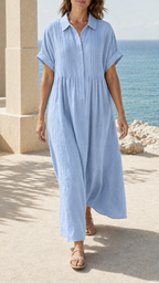 Women's Short Sleeve Button Front Shirt Maxi Beach Dress