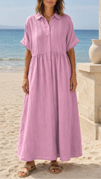 Women's Short Sleeve Button Front Shirt Maxi Beach Dress