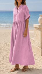 Women's Short Sleeve Button Front Shirt Maxi Beach Dress