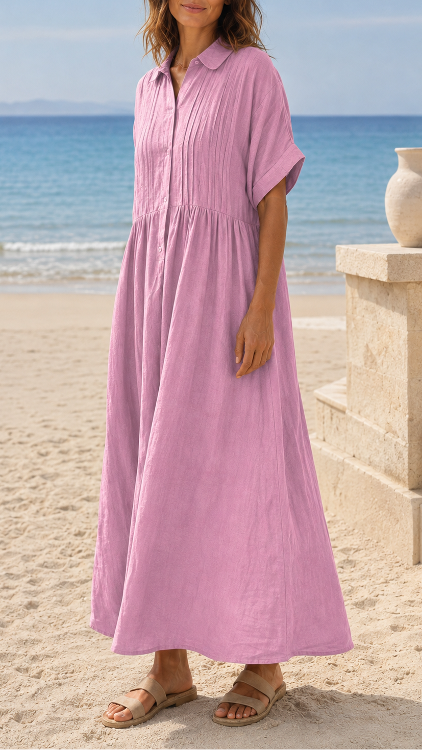 Women's Short Sleeve Button Front Shirt Maxi Beach Dress