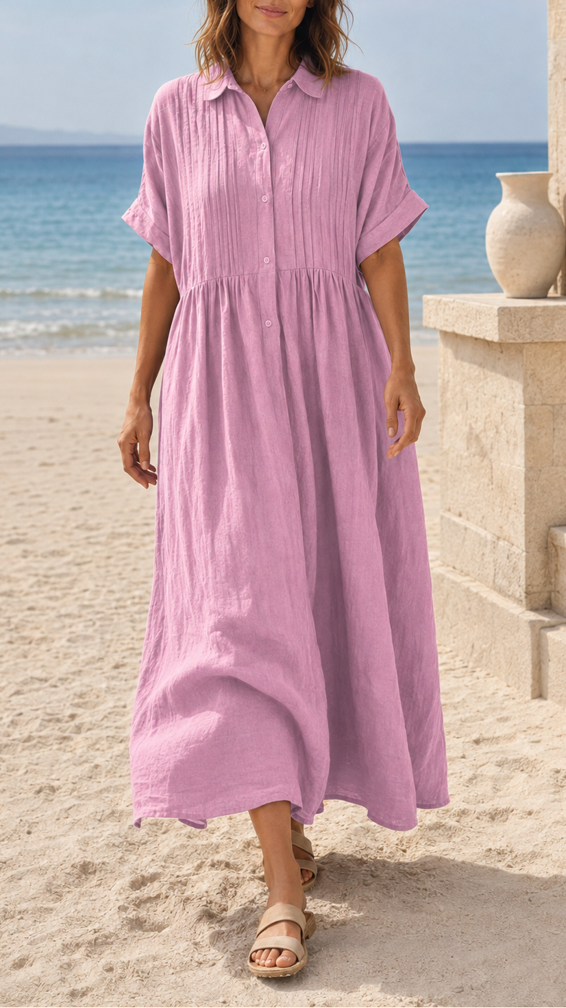 Women's Short Sleeve Button Front Shirt Maxi Beach Dress