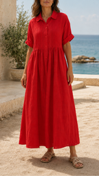 Women's Short Sleeve Button Front Shirt Maxi Beach Dress
