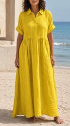 Women's Short Sleeve Button Front Shirt Maxi Beach Dress