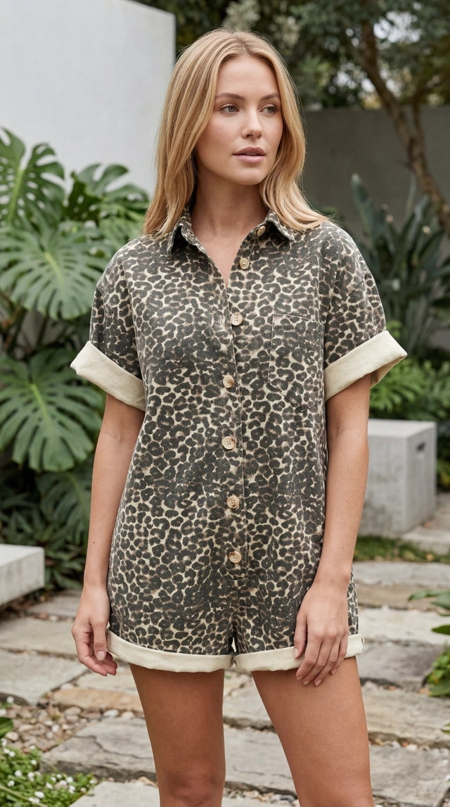 Women's Animal Print Button-Up Short Sleeve Playsuit with Contrast Trim