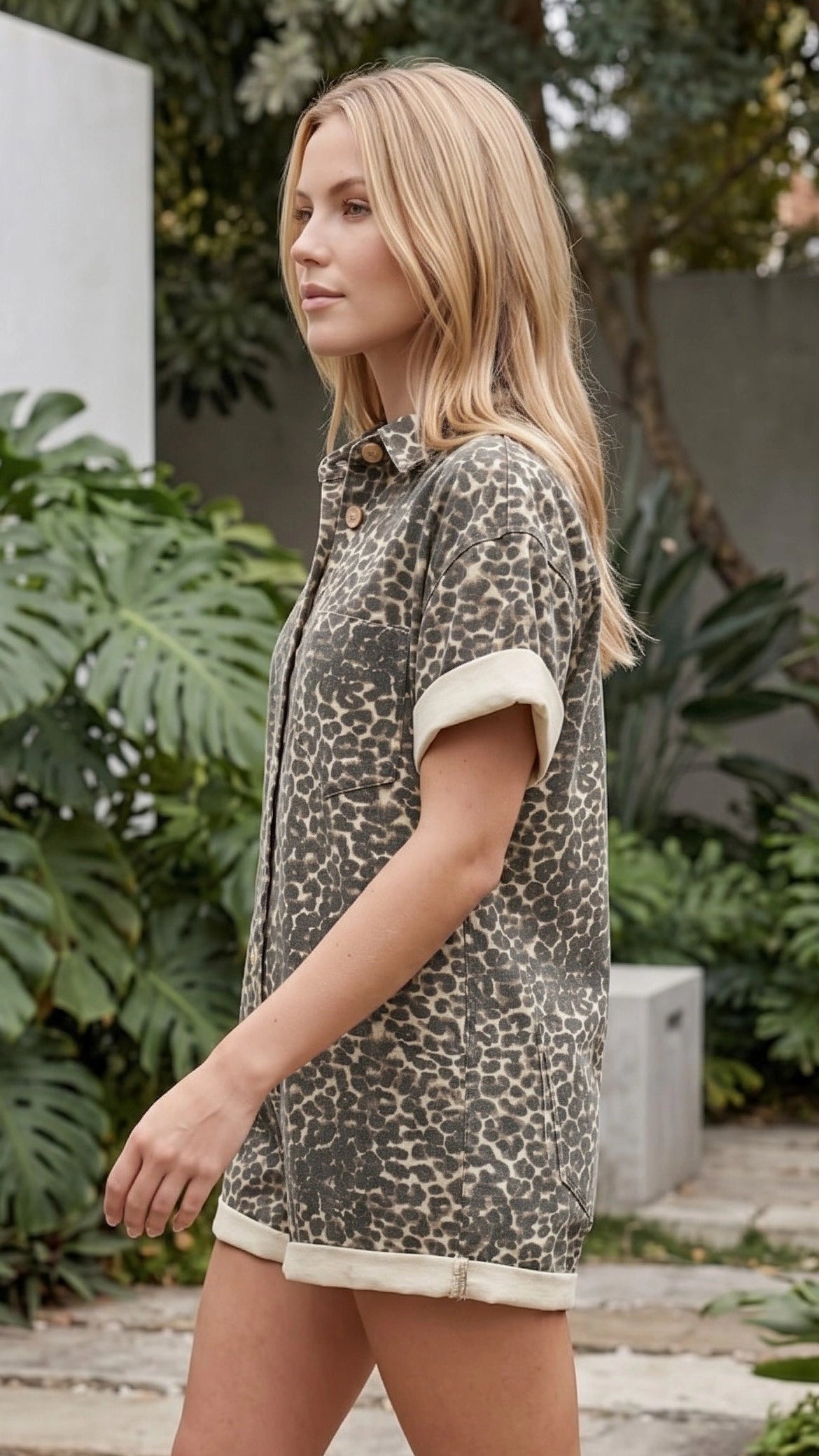 Women's Animal Print Button-Up Short Sleeve Playsuit with Contrast Trim