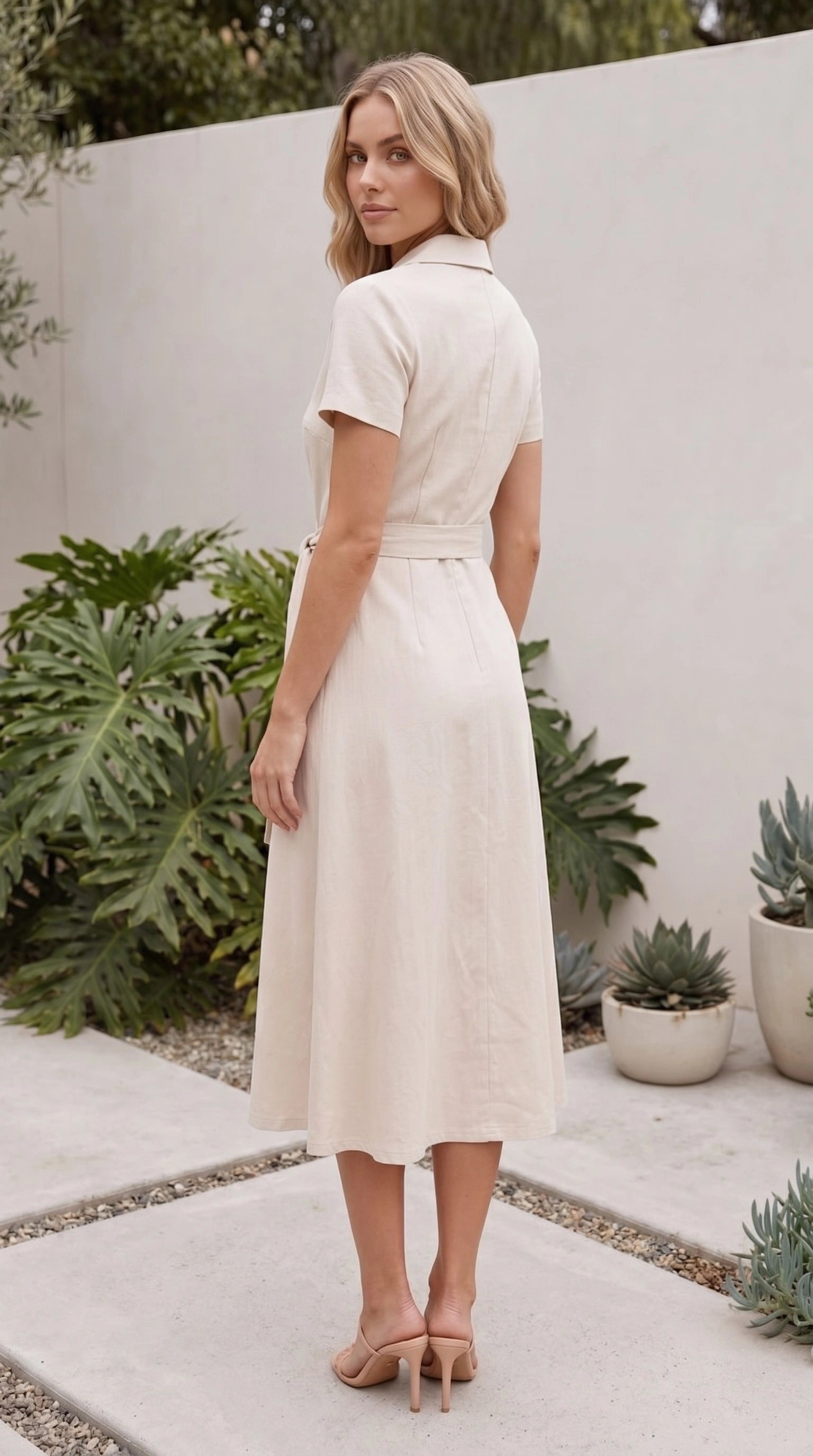 Women's Collared Short Sleeve Belted Wrap A Line Midi Dress