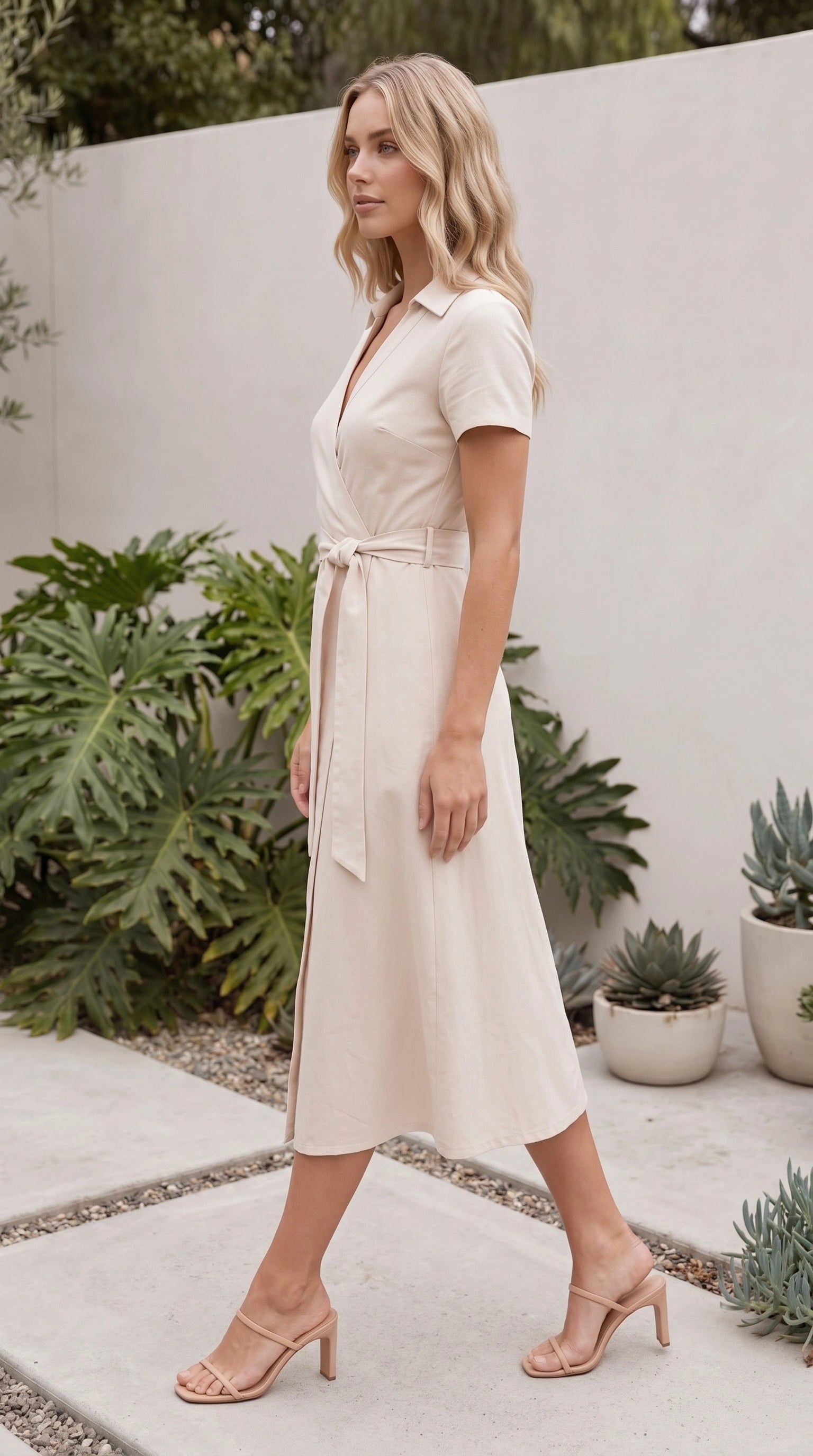 Women's Collared Short Sleeve Belted Wrap A Line Midi Dress