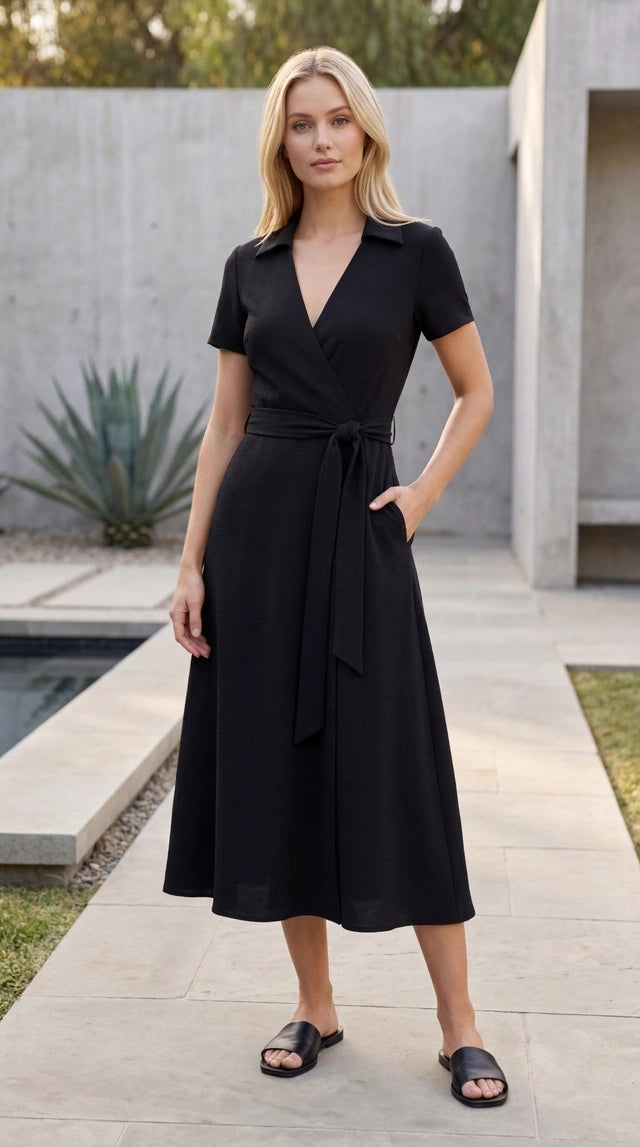 Women's Collared Short Sleeve Belted Wrap A Line Midi Dress