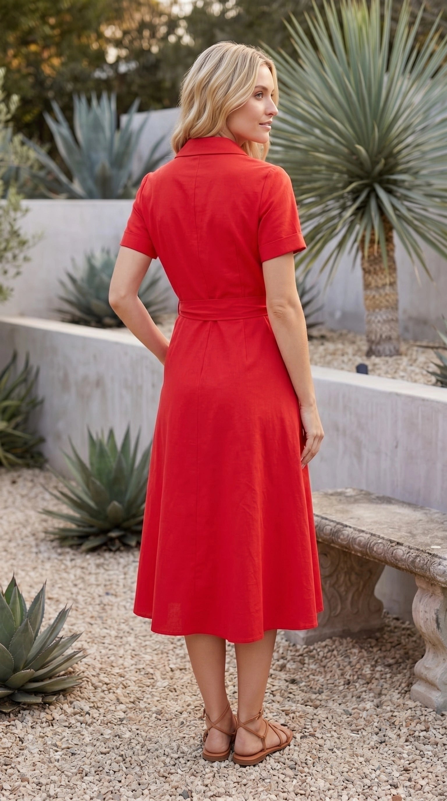 Women's Collared Short Sleeve Belted Wrap A Line Midi Dress