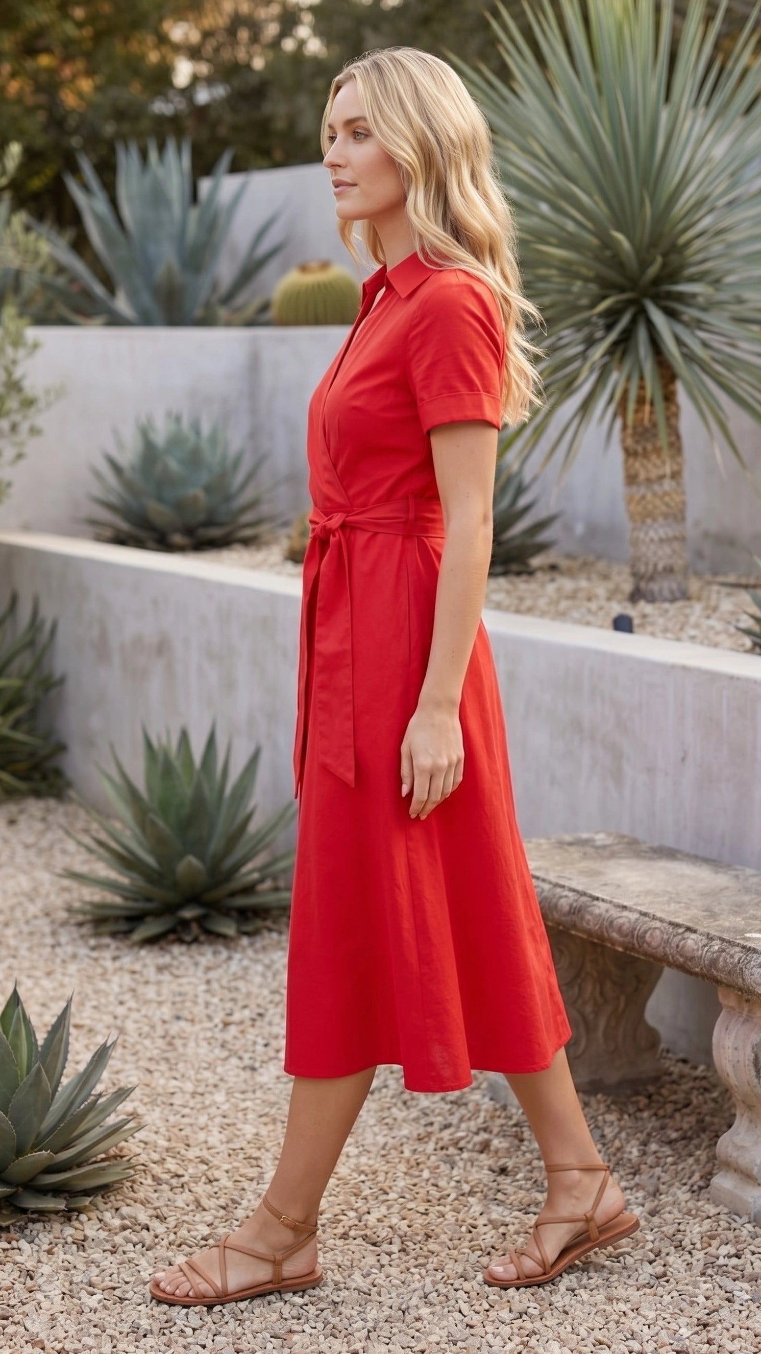 Women's Collared Short Sleeve Belted Wrap A Line Midi Dress