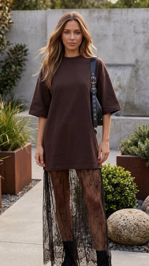 Women’s Oversized T Shirt Mini Dress with Lace Trim