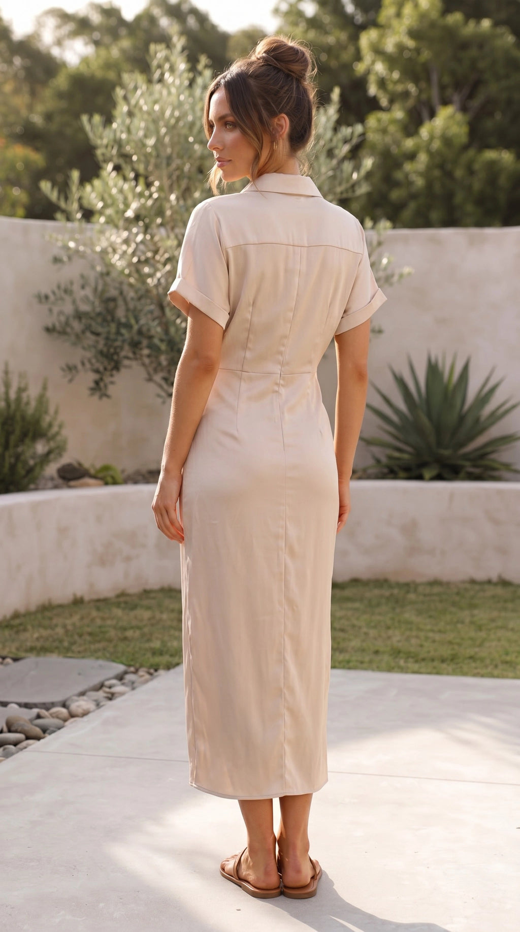 Women’s Short Sleeve Button Front Twist Midi Dress