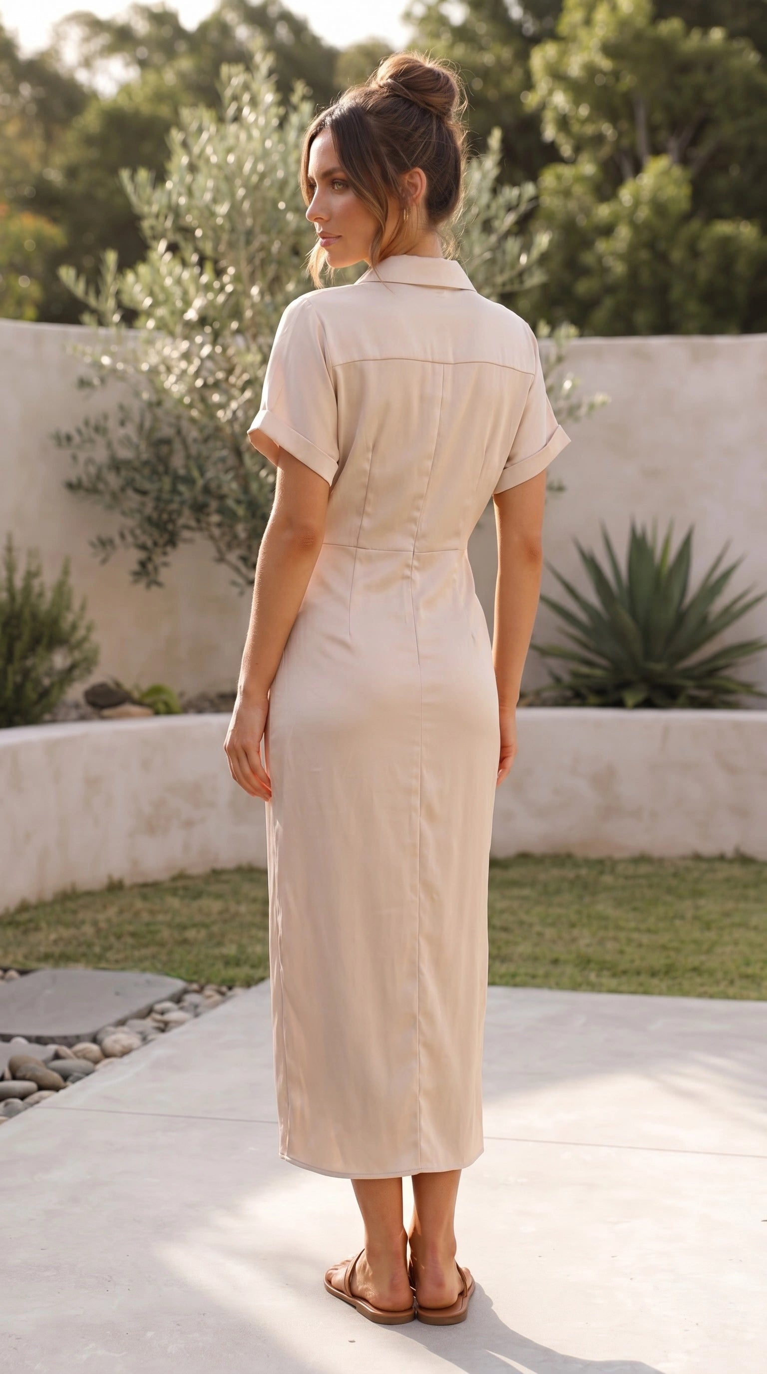 Women’s Short Sleeve Button Front Twist Midi Dress