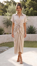 Women’s Short Sleeve Button Front Twist Midi Dress