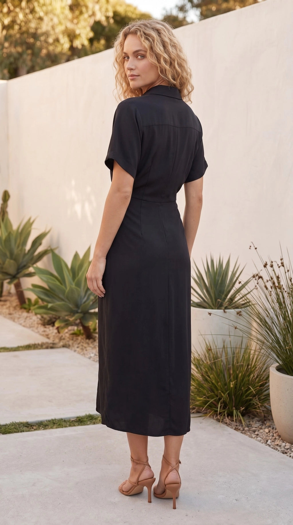 Women’s Short Sleeve Button Front Twist Midi Dress