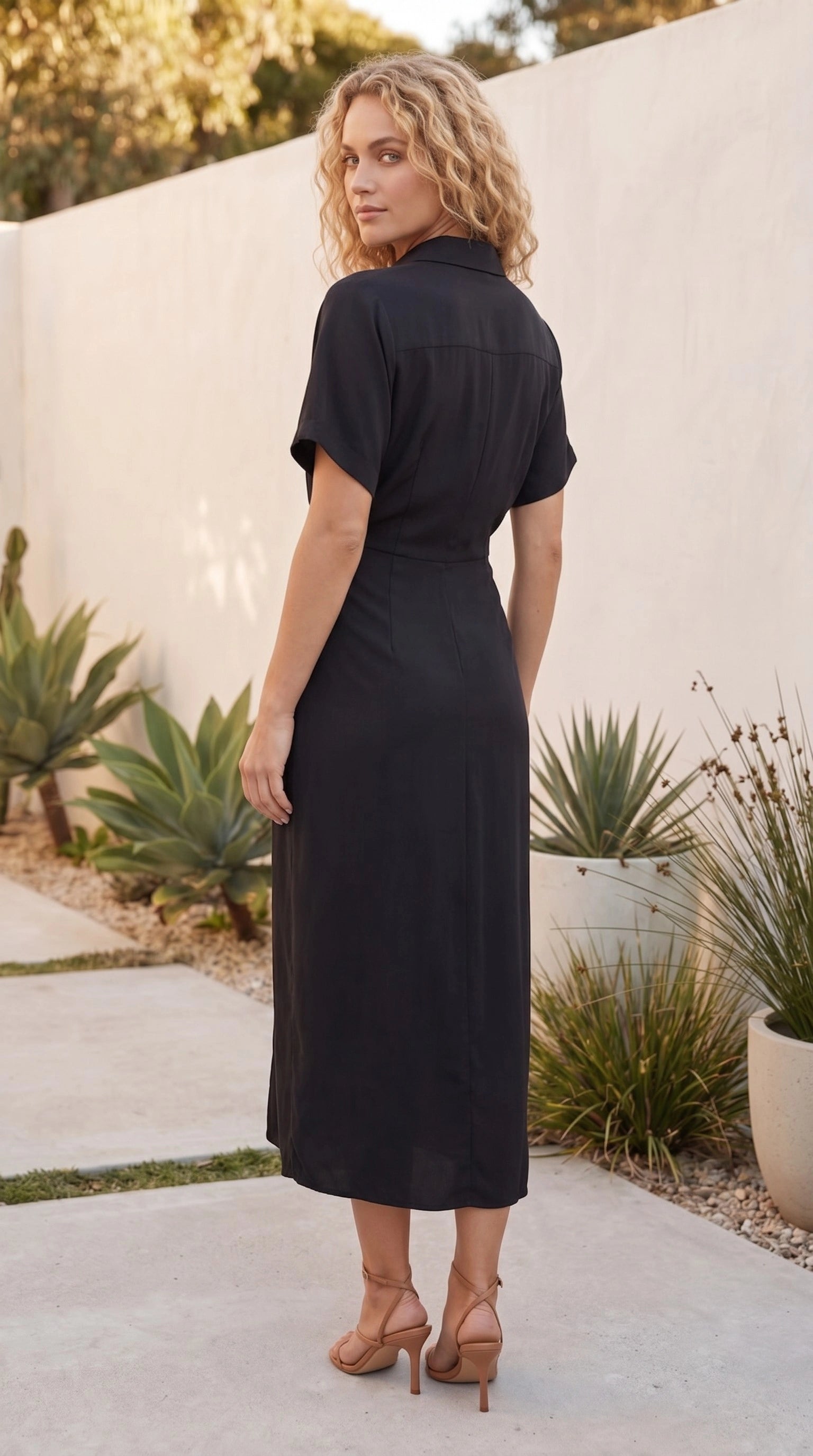 Women’s Short Sleeve Button Front Twist Midi Dress