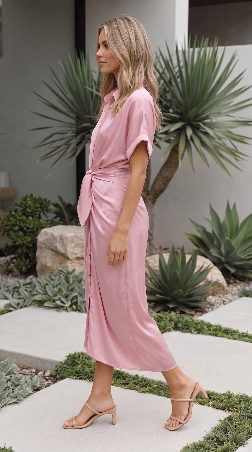 Women’s Short Sleeve Button Front Twist Midi Dress