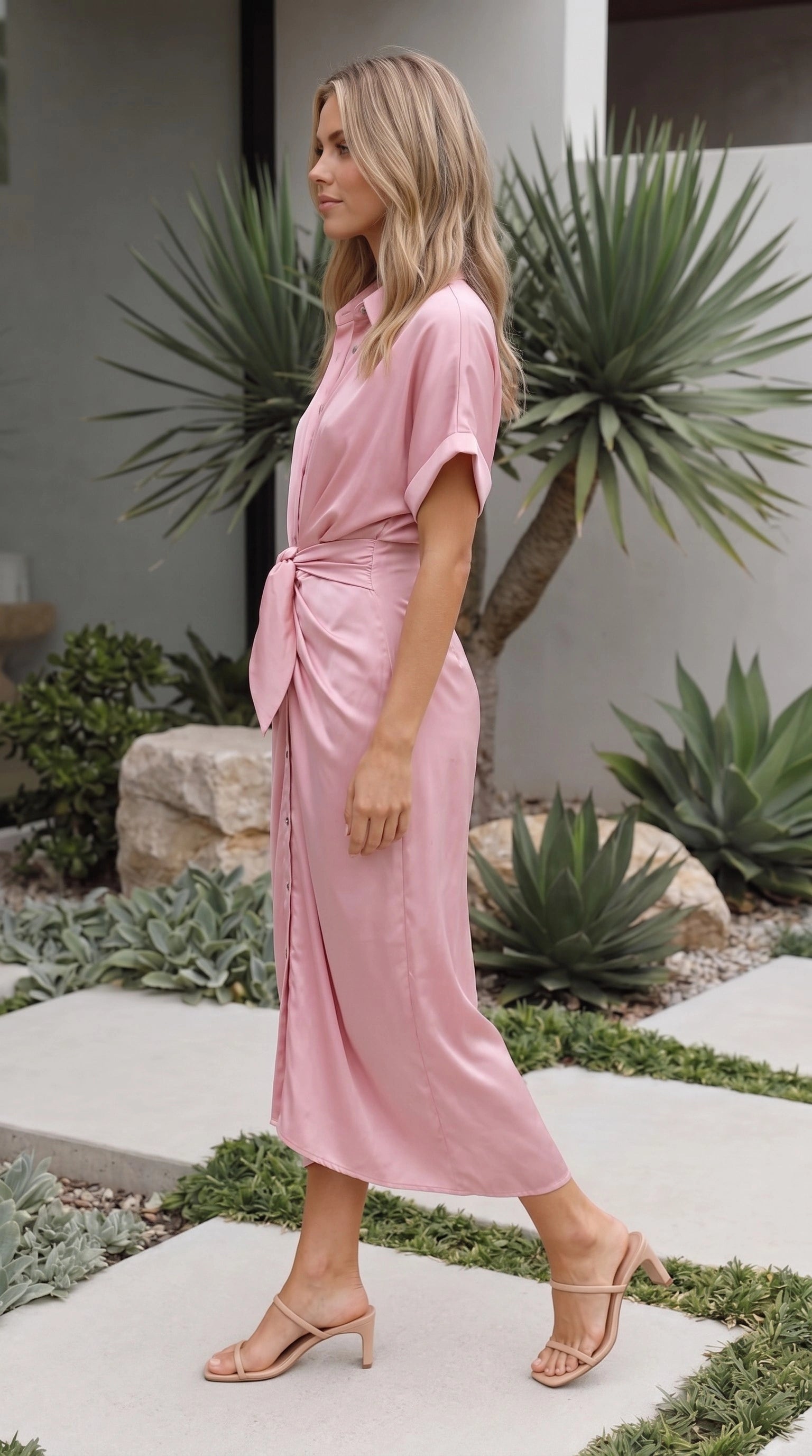 Women’s Short Sleeve Button Front Twist Midi Dress