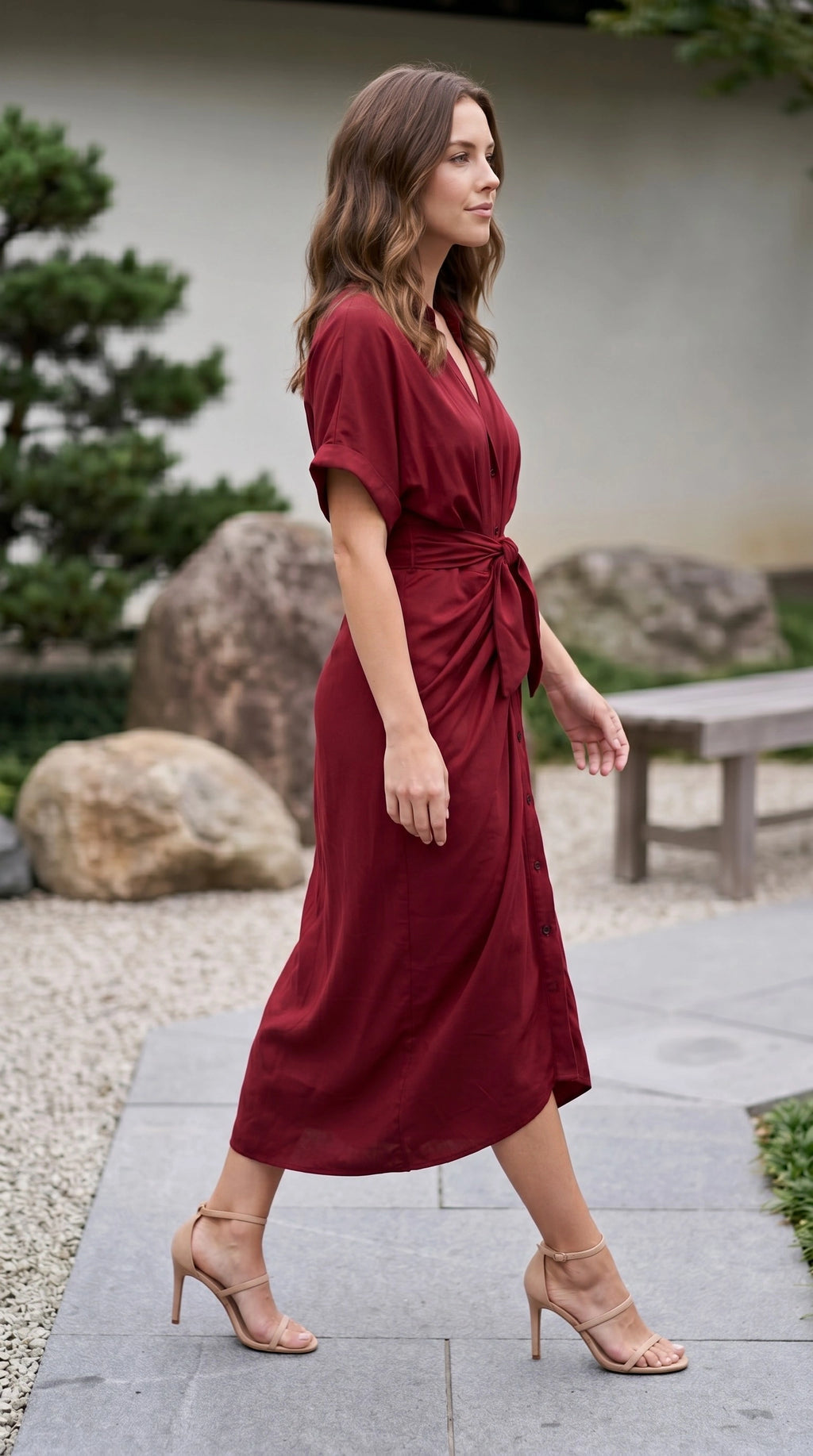 Women’s Short Sleeve Button Front Twist Midi Dress