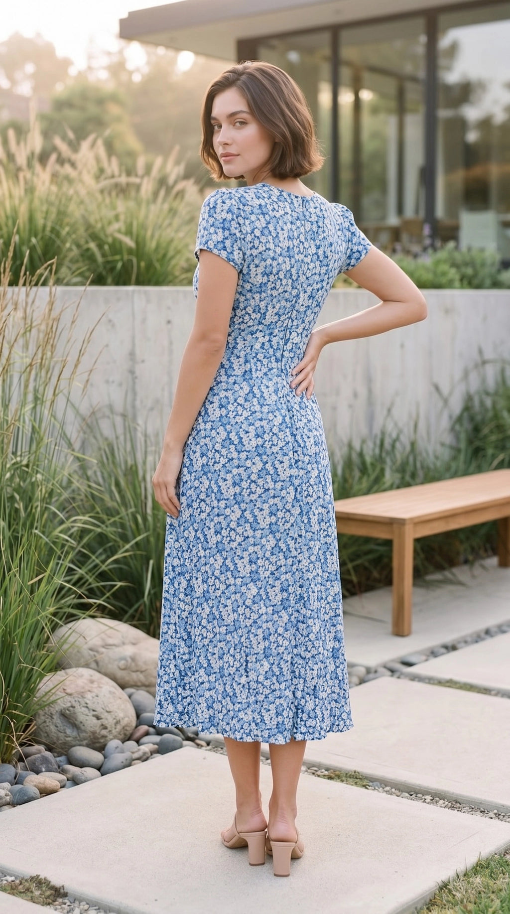 Women’s Short Sleeve V Neck Belted Floral Print A Line Midi Dress