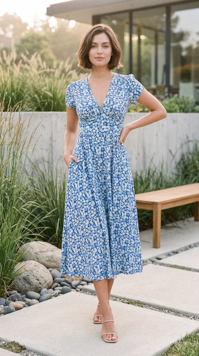 Women’s Short Sleeve V Neck Belted Floral Print A Line Midi Dress