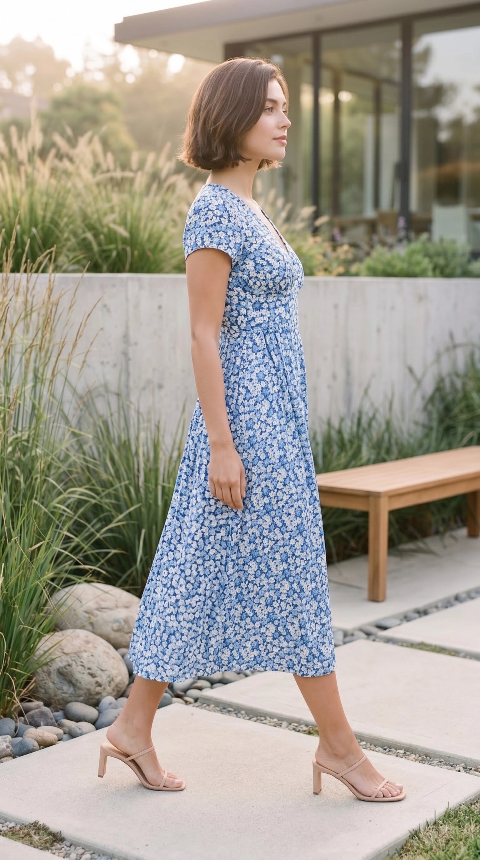 Women’s Short Sleeve V Neck Belted Floral Print A Line Midi Dress